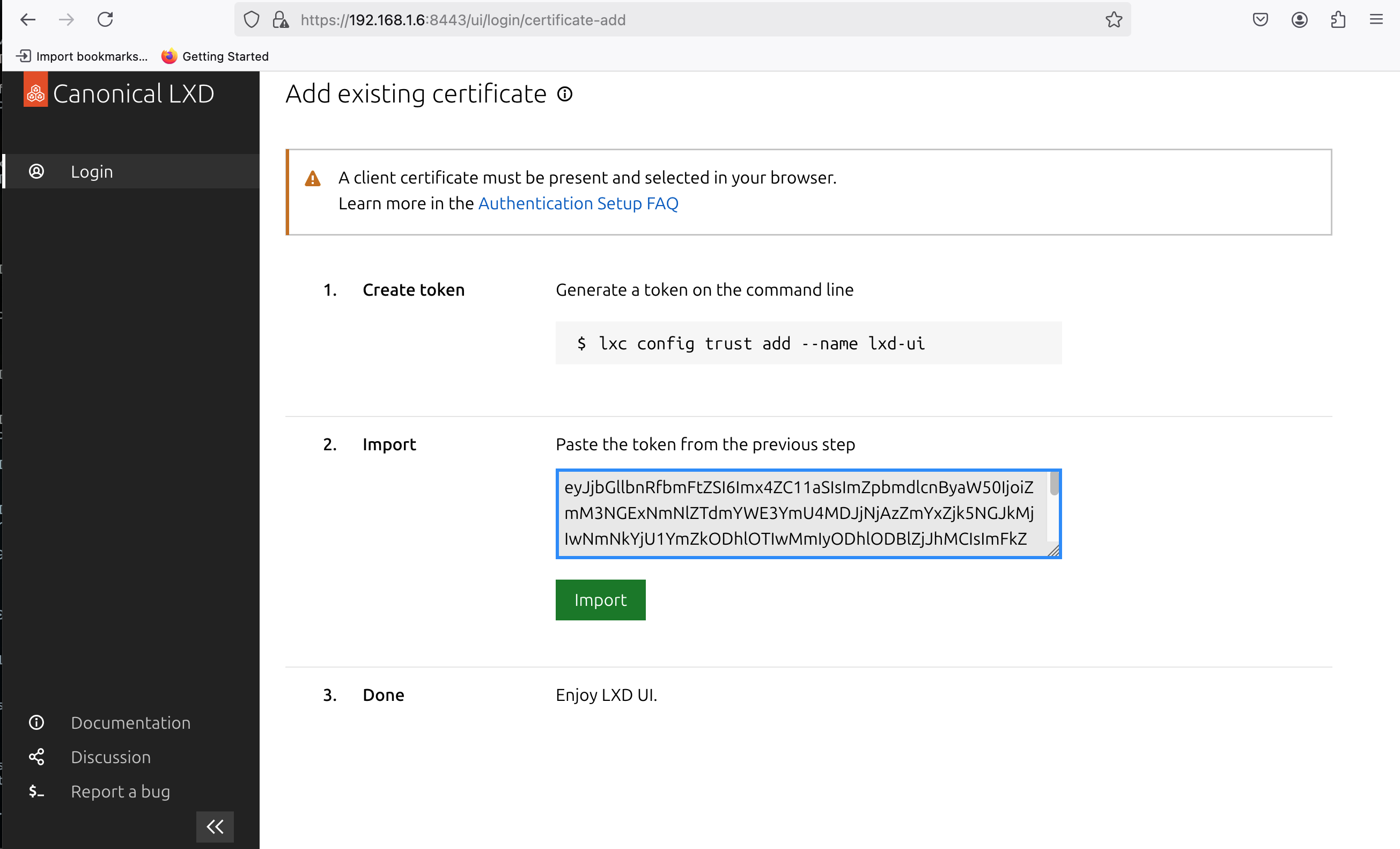 Import Token in LXD Web UI