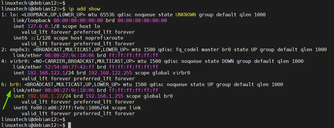 Bridge Details IP Command Debian 12