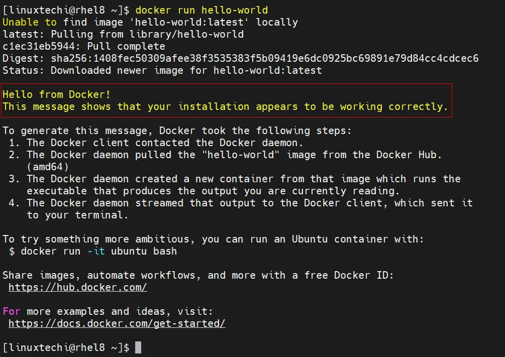 Docker Run Hello-World Image RHEL 8