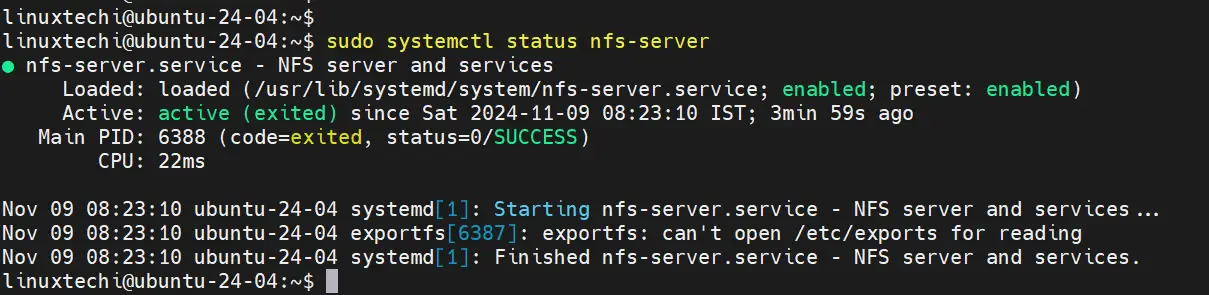 NFS Server Service Status On Ubuntu 24.04