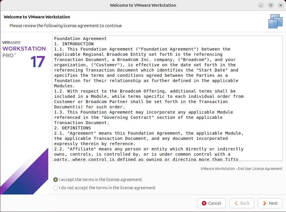 Accept VMware Workstation License Agreement