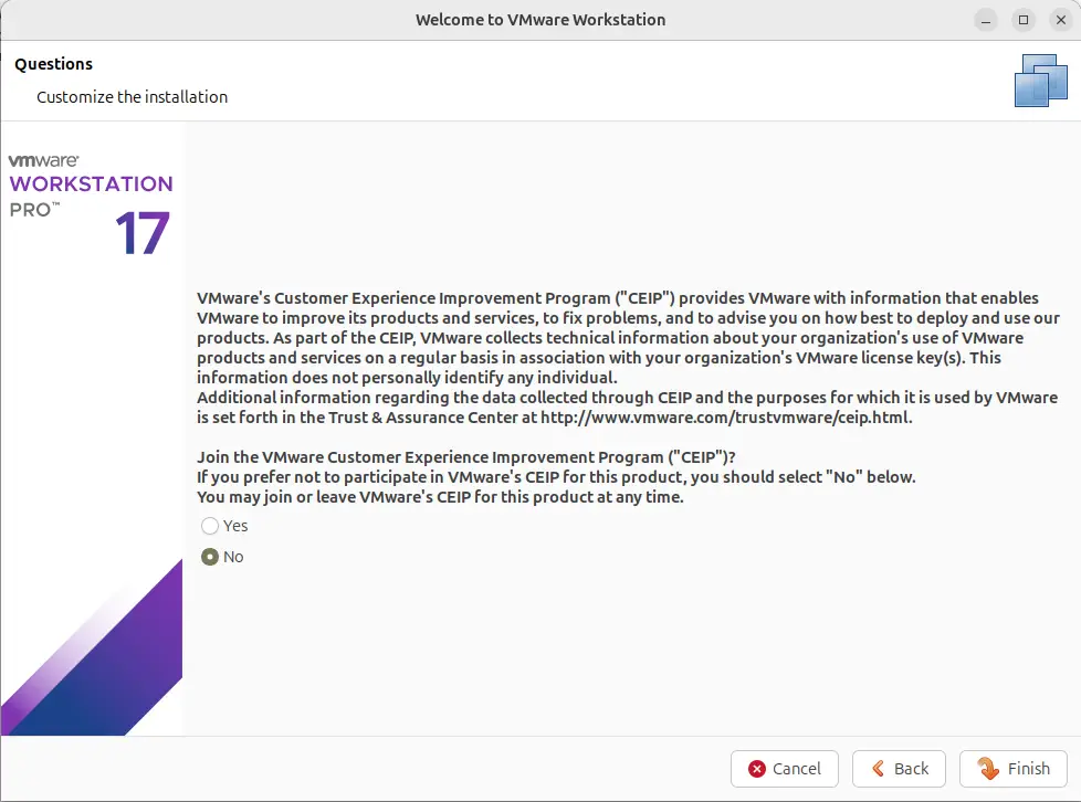 Select No to CEIP VMWare WorkStation