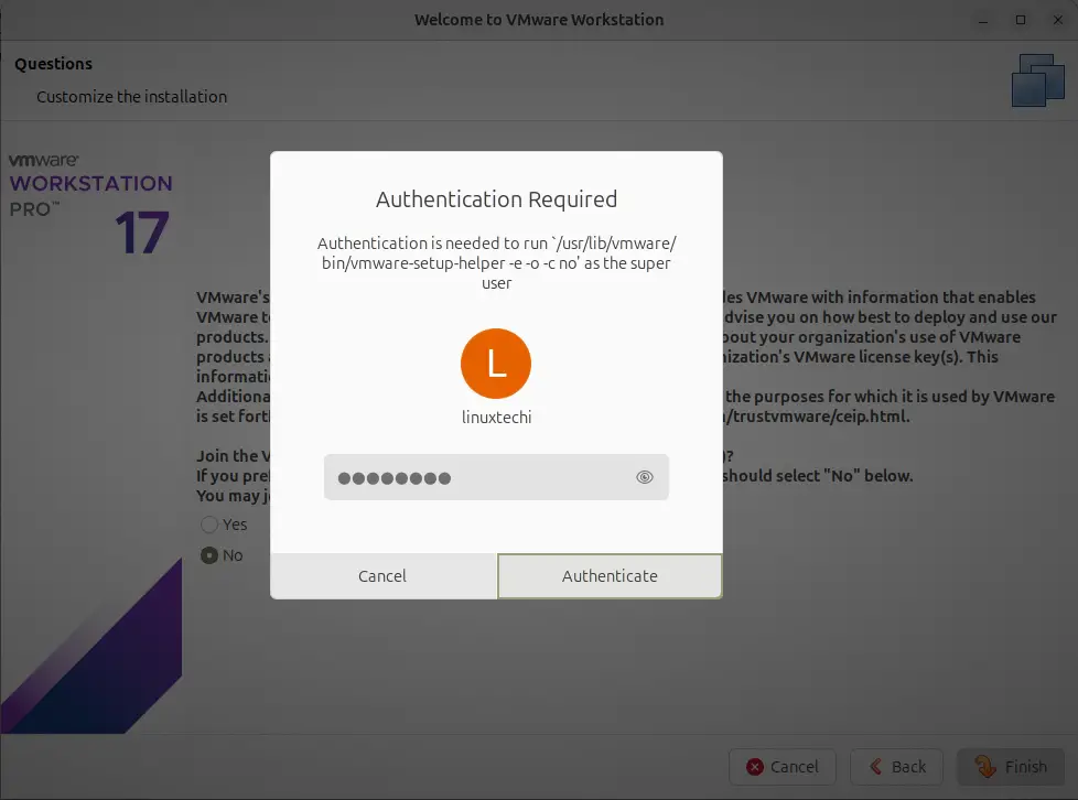 Specify Your User Password To Finish VMware workstation Installation