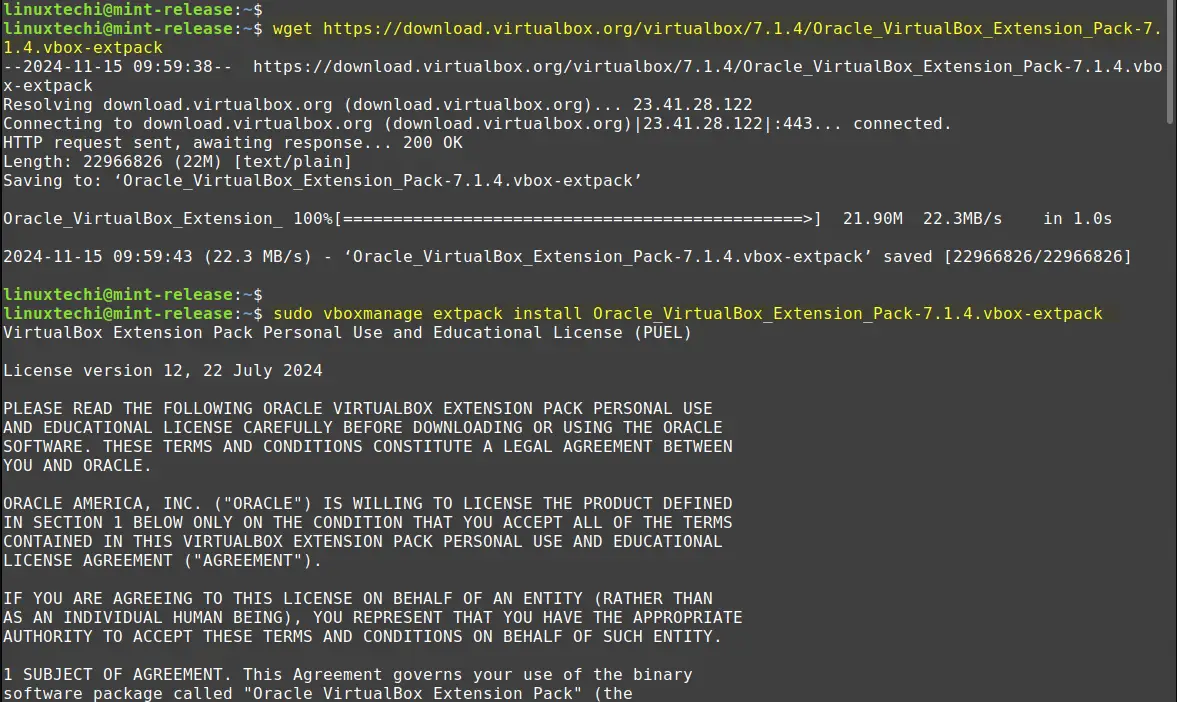 Install VirtualBox Extension Pack on Linux Mint 22
