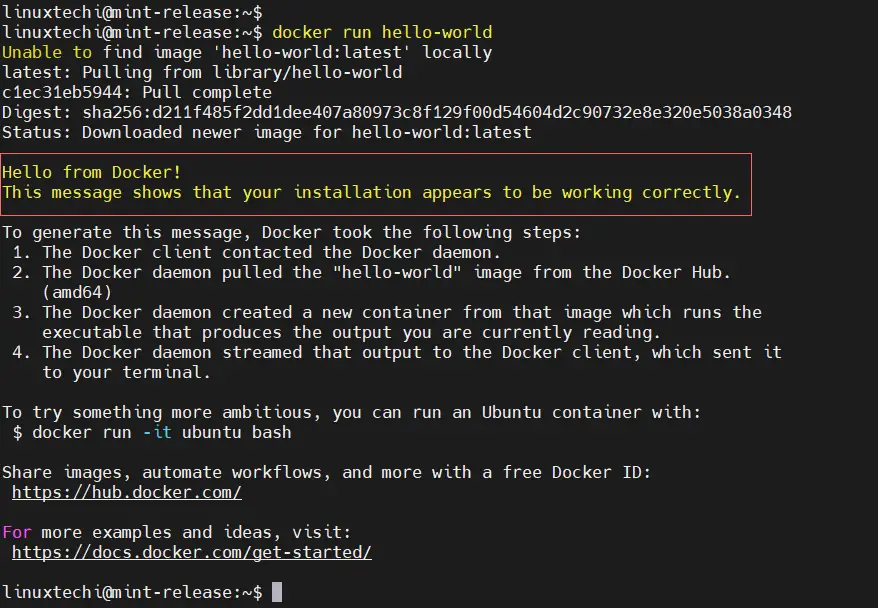 Docker Run Hello World Linux Mint 22