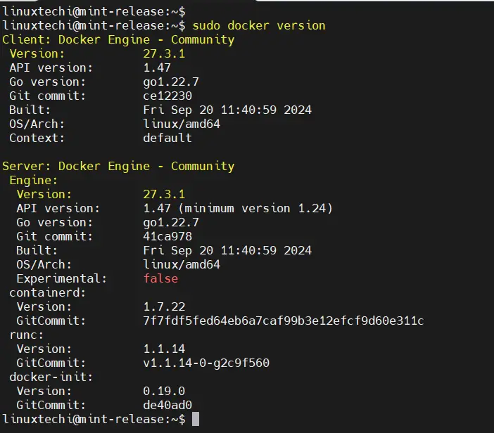 Docker Version Check Linux Mint 22