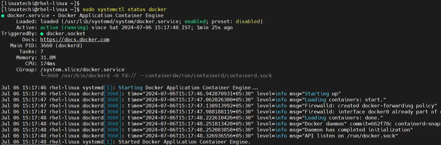 Check Docker Service Status on RHEL 9