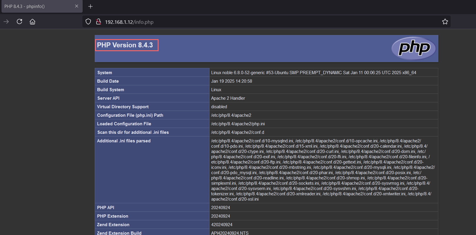 PHP Version 8.4 Info Web Page Ubuntu 24.04