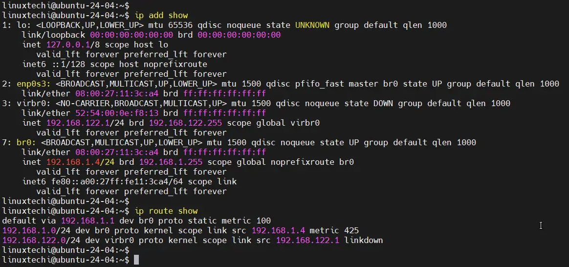 Network Bridge IP Details KVM Ubuntu