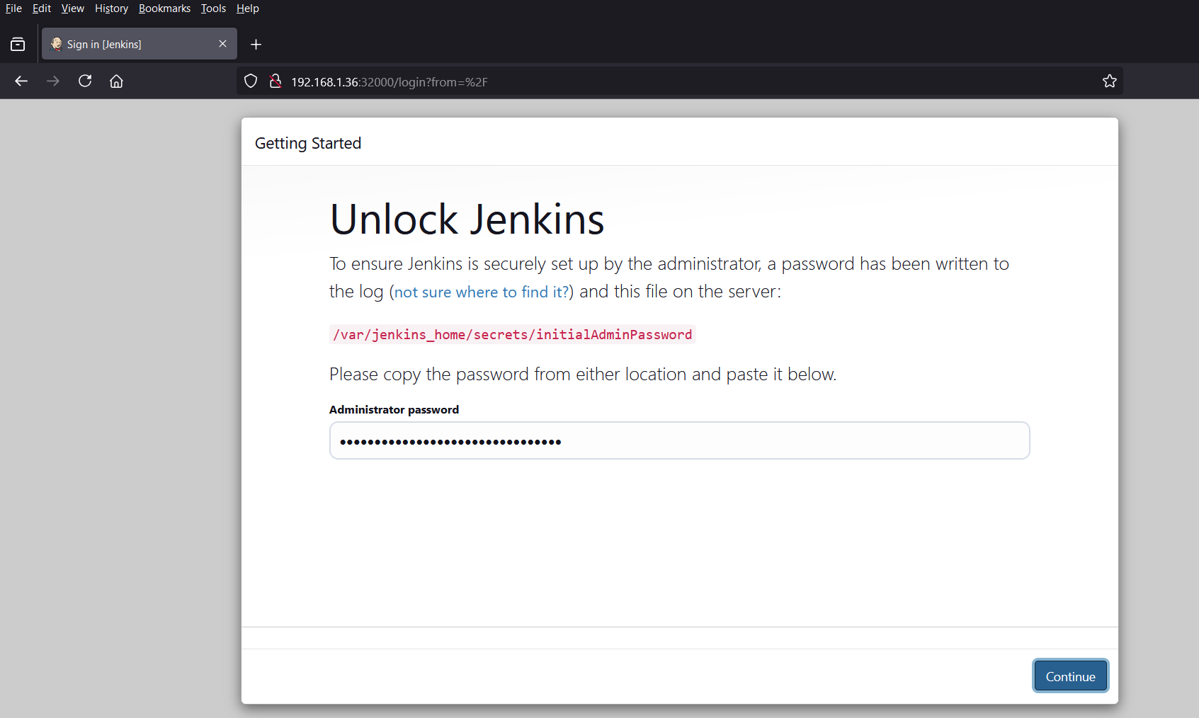 Click Continue After Entering Admin Password Jenkins Web UI