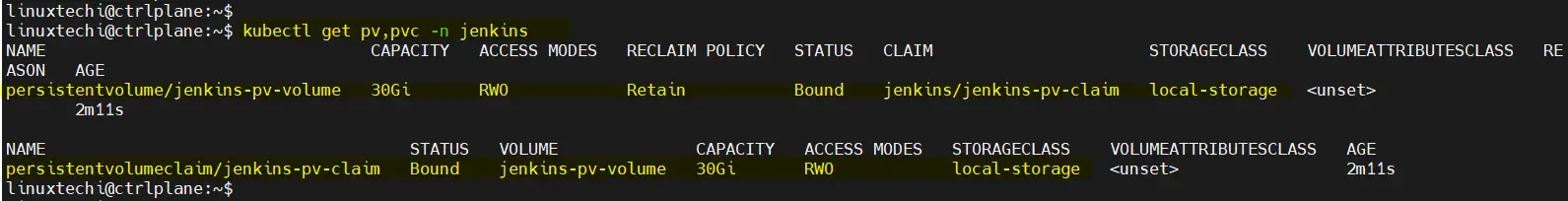 Jenkins PV PVC Status Kubernetes