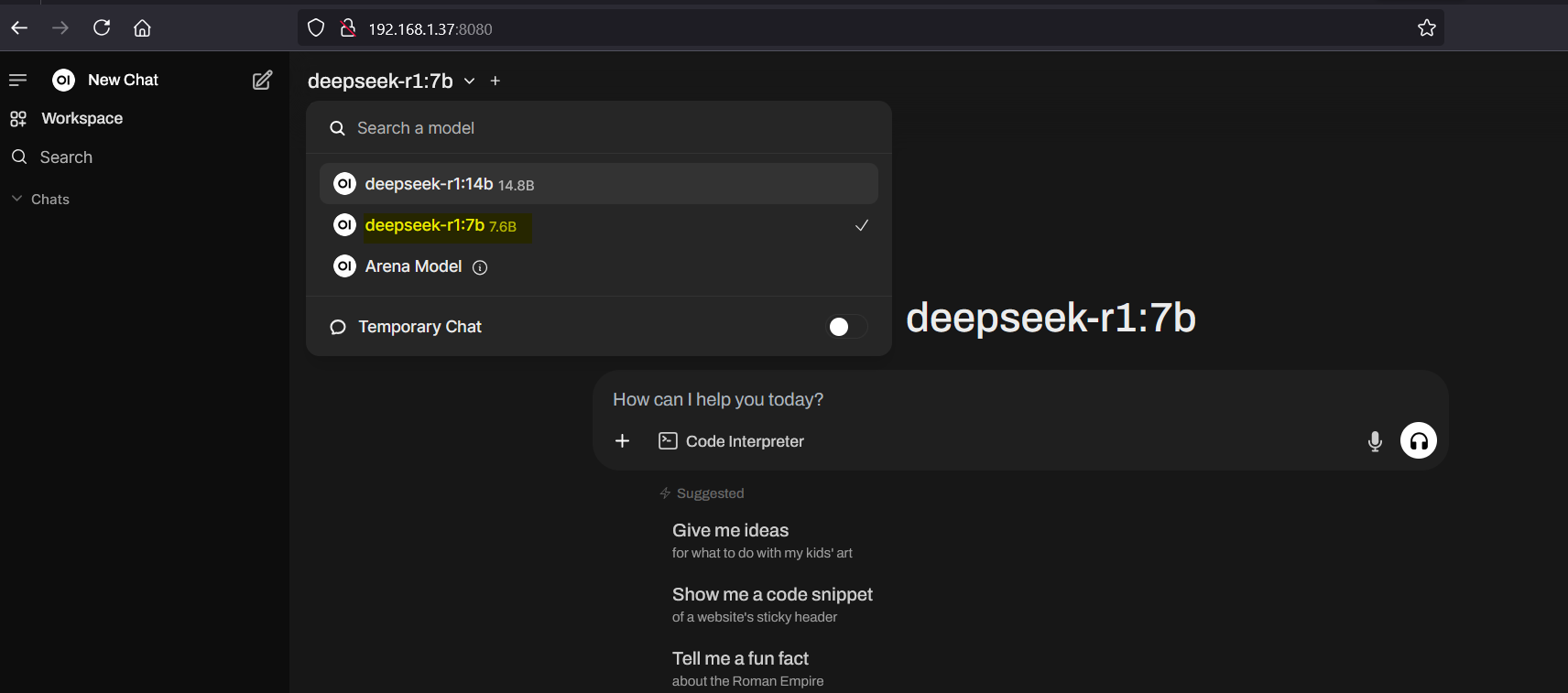 Select DeepSeek Model in Open WebUI Screen